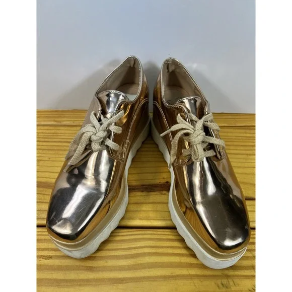 Metallic Rose Gold Platform Oxford Shoes Size 7.5 Lug Sole Chunky Lace-Up - Picture 2 of 8